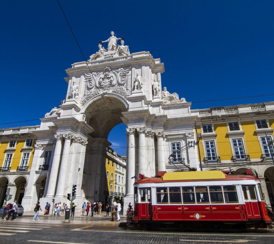 View of the famous Triumphal Augusta Arch located in Lisbon, Portugal.